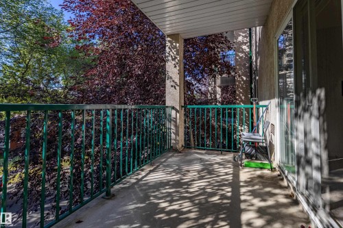 Private balcony with a concrete surface, green metal railings, and a sliding glass door - #316 11325 83 St Nw, Edmonton, AB 