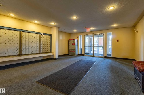 Recessed ceiling lighting illuminates the entry area, featuring full-height mailboxes, double glass entry doors, and carpet flooring - #316 11325 83 St Nw, Edmonton, AB 