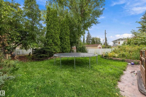 Expansive backyard featuring mature trees, established shrubs, a white picket fence, and a concrete pathway - 10621 60A Avenue Nw, Edmonton, AB 