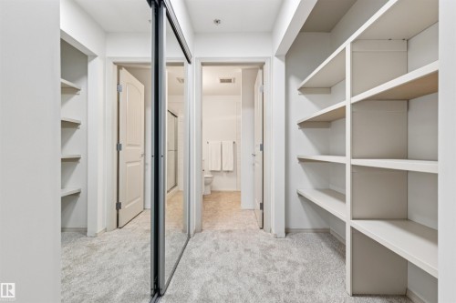 Walk-in closet featuring extensive built-in shelving, mirrored sliding closet doors, and plush carpet flooring - #353 2096 Blackmud Creek Dr Sw, Edmonton, AB - Indoor With Storage