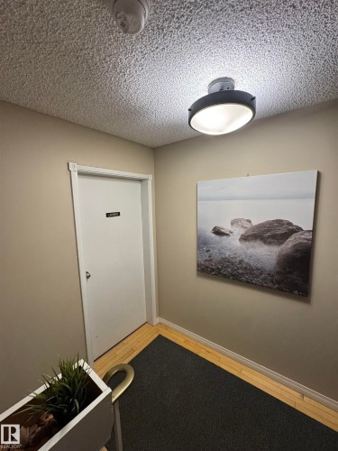 Laundry room with a solid core door, overhead flush mount lighting, and wood-finish flooring - #209 11429 124 St Nw, Edmonton, AB 