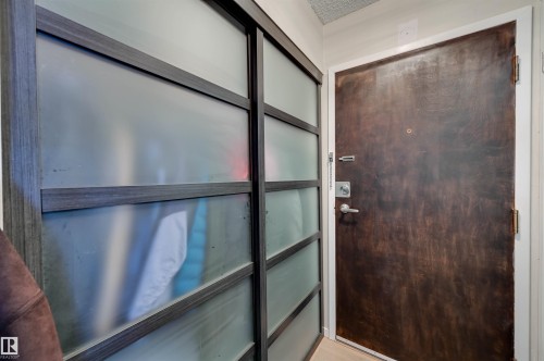 Translucent sliding panel closet doors with wood-finish framing - #203 24 Alpine Pl, St. Albert, AB 