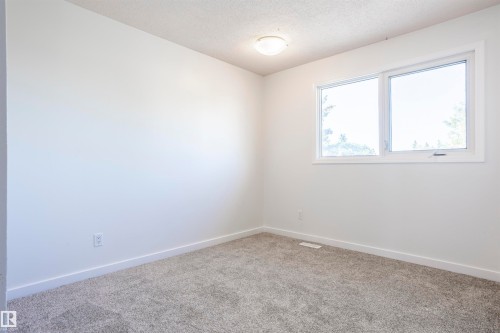 White painted walls, white trim, grey carpeting, a single window, and a flush-mount ceiling light - 17927 80 Avenue Nw, Edmonton, AB 