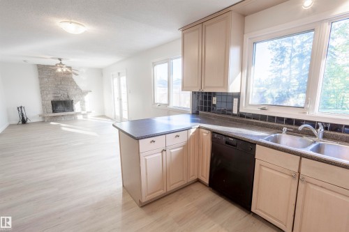 Kitchen featuring light-toned cabinetry, dual basin stainless steel sink, black dishwasher, and dark countertops - 17927 80 Avenue Nw, Edmonton, AB 