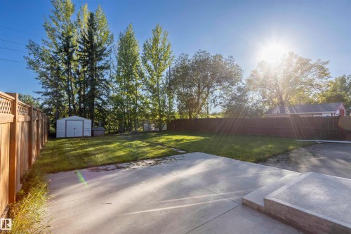 Expansive backyard featuring a concrete patio, a detached storage shed, a wood lattice fence, and mature trees - 17927 80 Avenue Nw, Edmonton, AB 