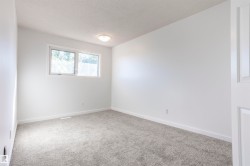 Neutral white wall finishes, gray carpeting, and a flush-mount ceiling light fixture - 