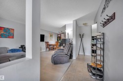 Open-concept living space with light gray wall paint and two distinct flooring types - 
