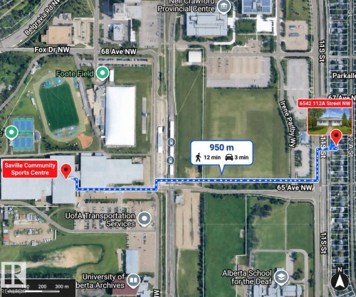 Map. Illustrating a route from the property to a community sports center, including distance and estimated travel times - 6542 112A Street Nw, Edmonton, AB 