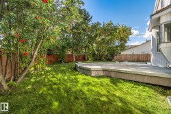 Expansive green lawn, elevated concrete patio, mature trees, wood fence, and bay window - 