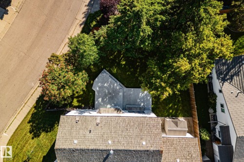 Cedar shake roof, asphalt shingle roof, mature trees, green lawn, paved street - 12403 29A Avenue Nw, Edmonton, AB 