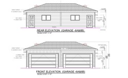 Double Detached Garage: 419 sq ft; Architectural Drawing. Displaying the rear and front elevations of the property's garage structure, including specified dimensions and materials.  Garage Completion Fall 2026. - 