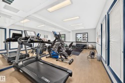 Dedicated fitness area featuring a treadmill, elliptical, and free weights, complemented by expansive wall mirrors and natural light - 
