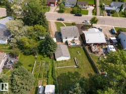 Expansive backyard featuring multiple raised garden beds, a detached shed, and mature trees - 