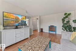 Living area featuring wood-finish flooring, light neutral wall paint, and a built-in half-wall partition - 
