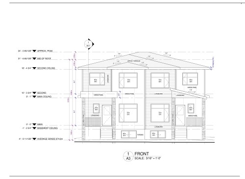 Architectural Drawing, Front Elevation. Illustrating the exterior facade and vertical dimensions of a potential property build (if both lots were purchased) - 10315 160 Street Nw, Edmonton, AB 