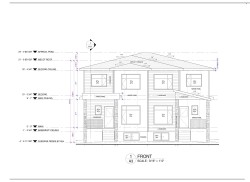 Architectural Drawing, Front Elevation. Illustrating the exterior facade and vertical dimensions of a potential property build (if both lots were purchased) - 