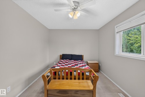 Single window with blinds, ceiling fan with integrated lighting, textured ceiling, neutral wall paint, and carpeted flooring - 365 Hollick-Kenyon Road Nw, Edmonton, AB 