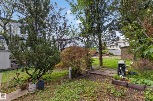 Expansive backyard featuring mature trees, a manicured lawn, and stone paver patio area - 11308 123 Street Nw, Edmonton, AB 