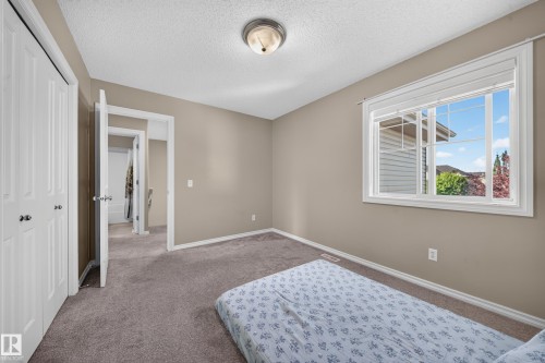 Carpeted flooring, neutral wall paint, overhead flush-mount lighting, and a window with white blinds - 121 64 Street Sw, Edmonton, AB 