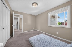 Carpeted flooring, neutral wall paint, overhead flush-mount lighting, and a window with white blinds - 