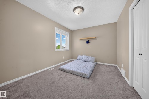 Neutral-toned walls, gray carpet flooring, white trim, and a built-in closet with bifold doors - 121 64 Street Sw, Edmonton, AB 