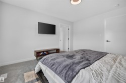 Bedroom featuring light gray walls, gray carpet flooring, a flush-mount ceiling light fixture, and white interior doors with black hardware - 