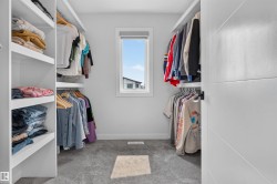 Walk-in closet featuring built-in shelving, hanging rods, light gray carpeting, a single window, and a white interior door with horizontal paneling - 