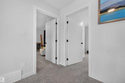 Grey carpeted hallway featuring white walls and white trim - 
