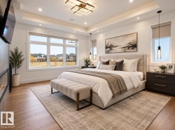 Recessed ceiling lighting, tray ceiling, wood-finish flooring, large multi-pane window, and a built-in fireplace - 