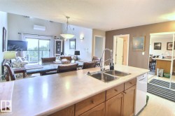 Kitchen island with double basin sink and wood cabinetry - 