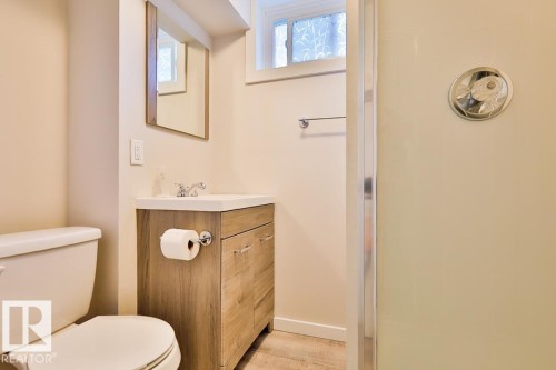 Compact bathroom featuring a shower enclosure, wood-finish vanity with a white countertop, and wall-mounted mirror - 13312 123A Street Nw, Edmonton, AB 