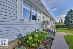 Siding exterior with decorative shutters, mature landscaping, concrete walkway, and evergreen trees - 