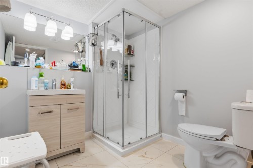 Corner shower enclosure with glass doors, a vanity with a light wood-finish cabinet, and track lighting with multiple pendant fixtures - 4824 13 Avenue Nw, Edmonton, AB 