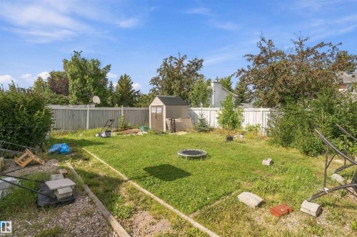 Expansive backyard featuring a storage shed and perimeter fencing - 4824 13 Avenue Nw, Edmonton, AB 