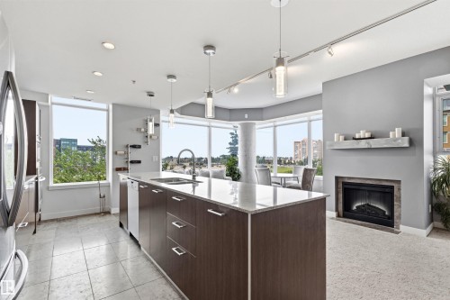 #406 2504 109 St Nw, Edmonton, AB - Indoor Photo Showing Kitchen With Fireplace With Double Sink With Upgraded Kitchen