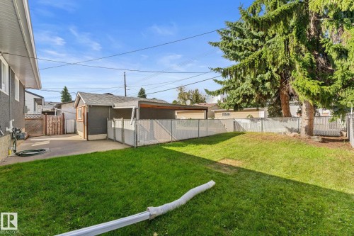Expansive backyard with a green lawn, concrete patio, a detached detached single garage, single covered carport, chain-link fencing, and mature trees - 6108 102 Avenue Nw, Edmonton, AB 