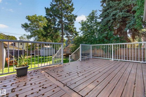Expansive wood-finish deck with white railings and mature trees - 6807 112A Street Nw, Edmonton, AB 