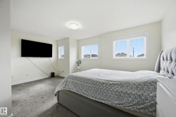 Carpeted room featuring multiple windows, a ceiling-mounted light fixture, and a wall-mounted television - 