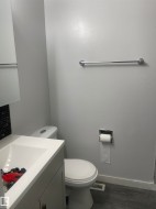 White vanity with integrated sink, chrome hardware, toilet, and wood-finish flooring - 