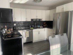 White cabinetry, black mosaic tile backsplash, dark countertops, stainless steel appliances, and wood-finish flooring - 