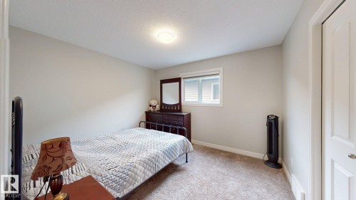 Carpeted flooring, neutral wall paint, single window with blinds, overhead lighting, and a white panel door - 22407 99 Avenue Nw, Edmonton, AB 