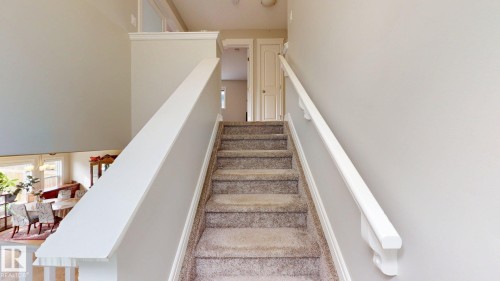 Carpeted staircase with white handrails and painted walls - 22407 99 Avenue Nw, Edmonton, AB 