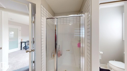 Shower enclosure with clear glass doors and white subway tile surround - 22407 99 Avenue Nw, Edmonton, AB 