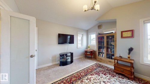 Vaulted ceiling, two windows, two additional transom windows, built-in display cabinetry, and carpeted flooring - 22407 99 Avenue Nw, Edmonton, AB 