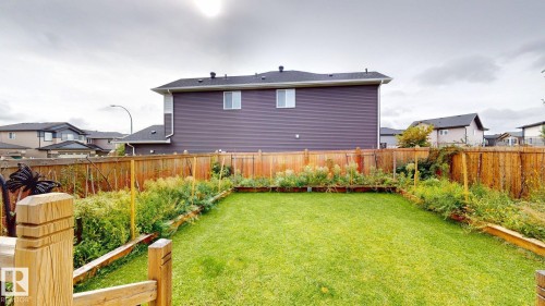 Expansive backyard featuring a manicured lawn, established garden beds, and a wood privacy fence - 22407 99 Avenue Nw, Edmonton, AB 
