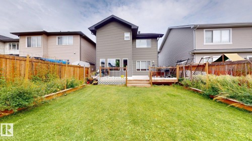 Expansive backyard featuring a manicured lawn, raised garden beds, and a wood deck with lattice skirting - 22407 99 Avenue Nw, Edmonton, AB 
