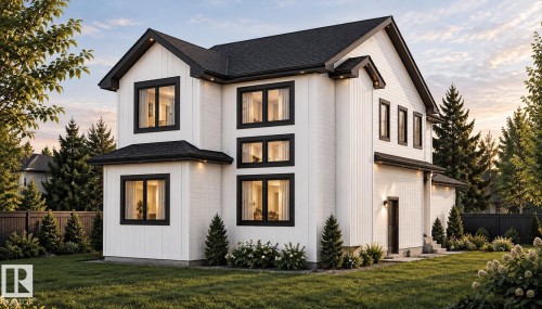 Modern two-story residence featuring white vertical siding, black-framed windows, and a black shingled roof - 89 Rosa Crescent, St. Albert, AB 