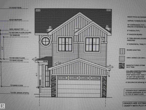 Architectural Drawing, Elevation View. Illustrating the exterior design and material specifications of the property - 89 Rosa Crescent, St. Albert, AB 