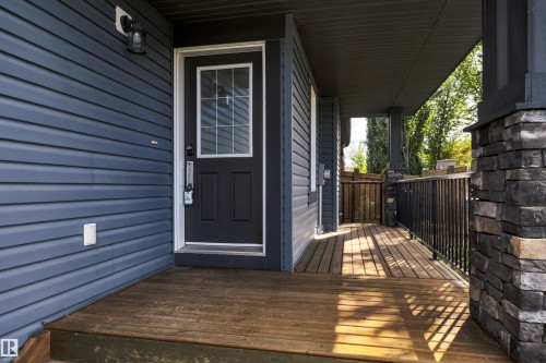 Front entry with a dark paneled door, decorative glass insert, and sidelight - 12903 205 Street Nw, Edmonton, AB 