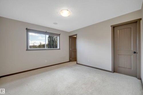 Neutral-toned carpet flooring, a window offering natural light, and a flush-mount ceiling light fixture - 12903 205 Street Nw, Edmonton, AB 